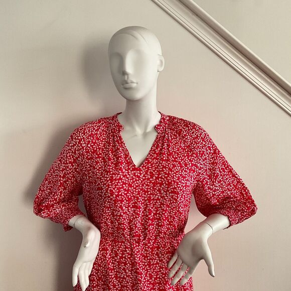 Draper James RSVP Dress Red White Split Neck 3/4 Sleeve Tie Waist Mini - Picture 7 of 9